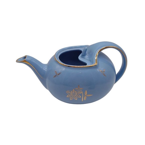 Tea Pot Hall Cadet Blue 1940s Hooked Lid Gold Trim 6 Cup - Picture 5 of 11